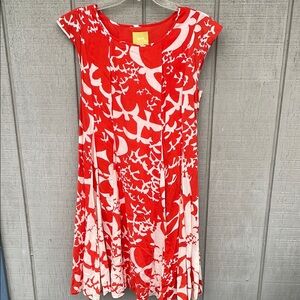 Anthropologie Maeve Orange & White Lined Dress with Bird Print  Sz S